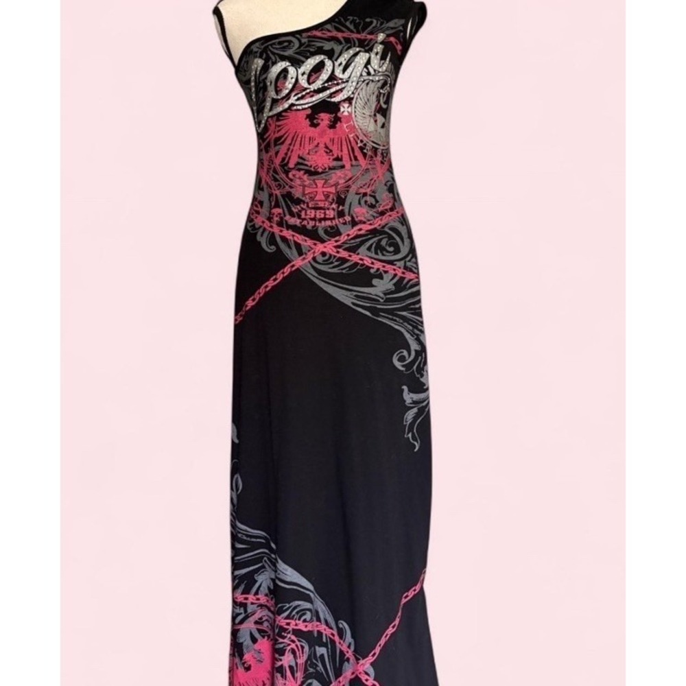 Coogi Womens One Shoulder Maxi Dress Black Pink Graphic Rhinestone Y2K M - Picture 2 of 10